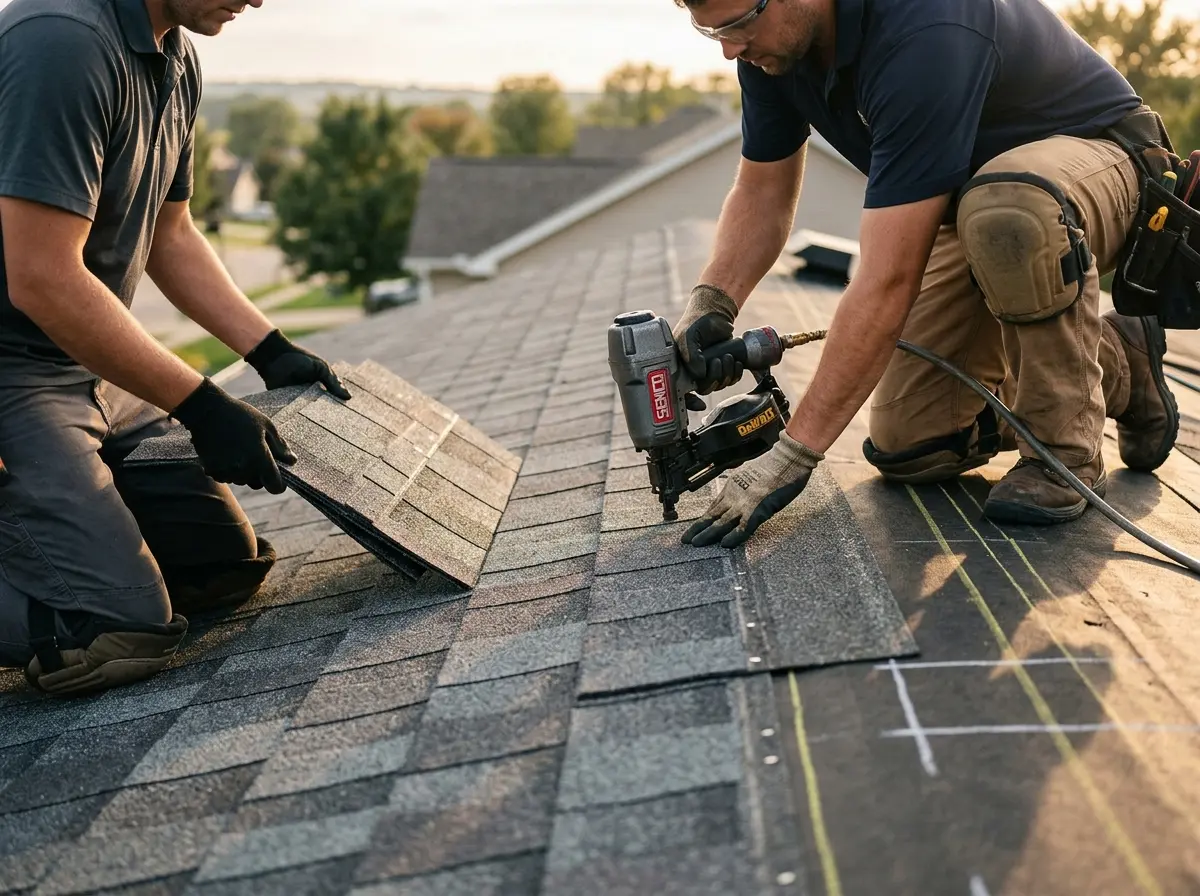 Professional roofer working on a residential roof in Ashtabula